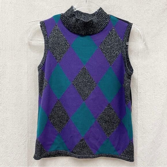 Vintage 90s argyle metallic accent sleeveless mock neck sweater Size‎ Small - Picture 7 of 12